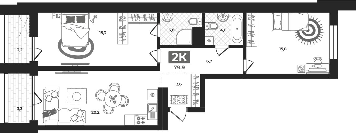 Планировка: Евротрешка 80.2 м² в ЖК Маэстро, 5-й Заречный