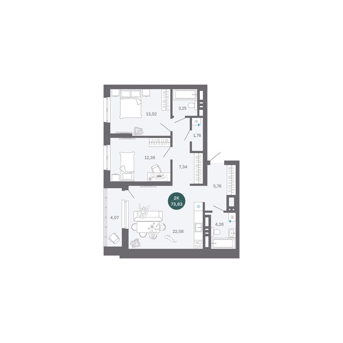 Планировка: Евротрешка 73.8 м² в ЖК Румянский, Центр: Студгородок