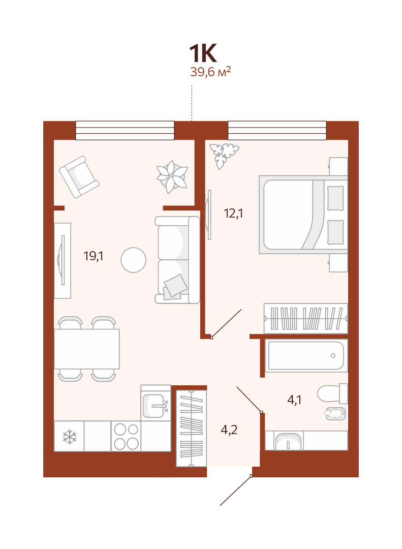 Планировка: Евродвушка 39.6 м² в ЖК Новатор, Центр: КПД