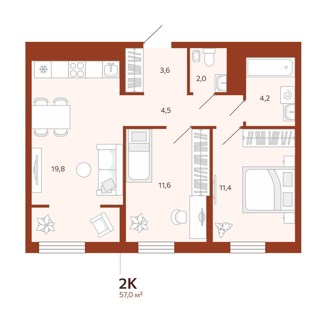 Планировка: Евротрешка 57 м² в ЖК Новатор, Центр: КПД