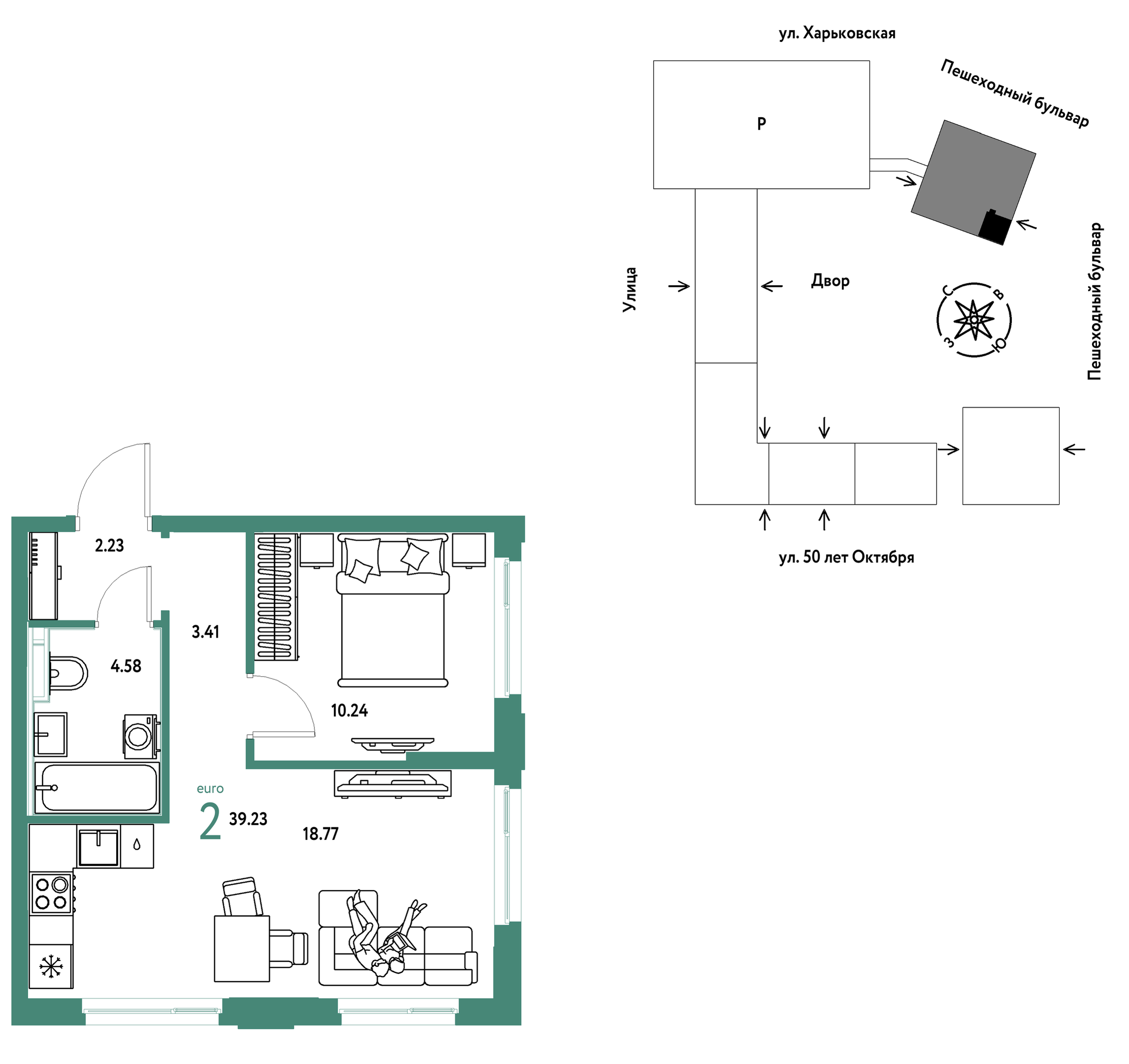 Планировка: Евродвушка 39.2 м² в ЖК Сердце Сибири, Центр: КПД