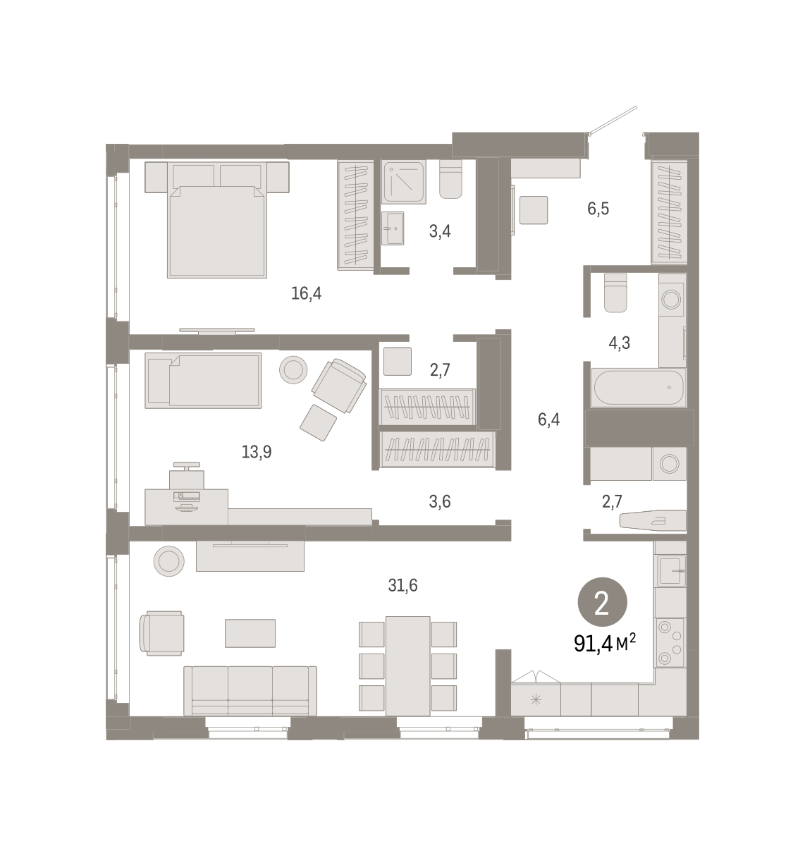 Планировка: Евротрешка 91.4 м² в ЖК Республики 205, Центр: КПД