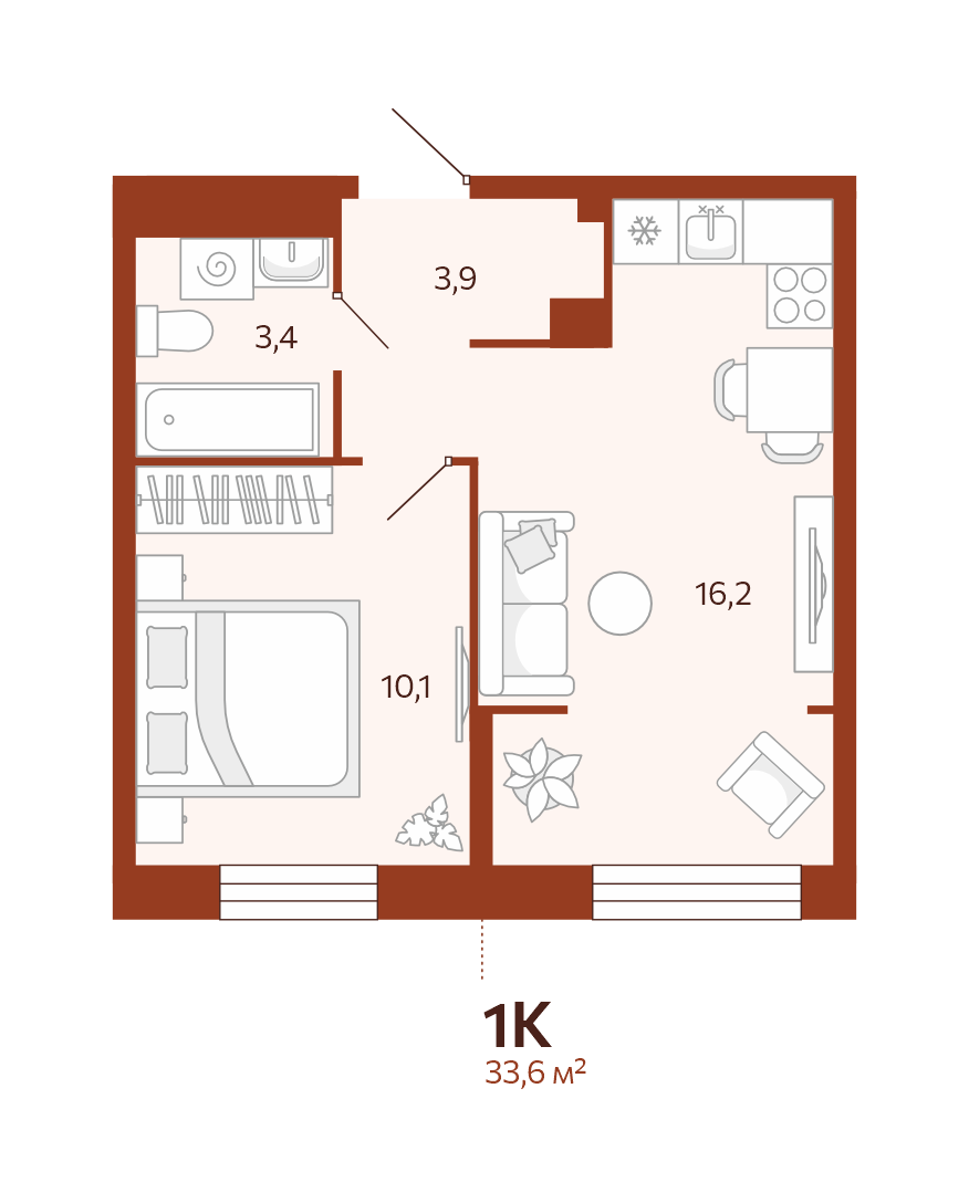 Планировка: Евродвушка 33.6 м² в ЖК Новатор, Центр: КПД