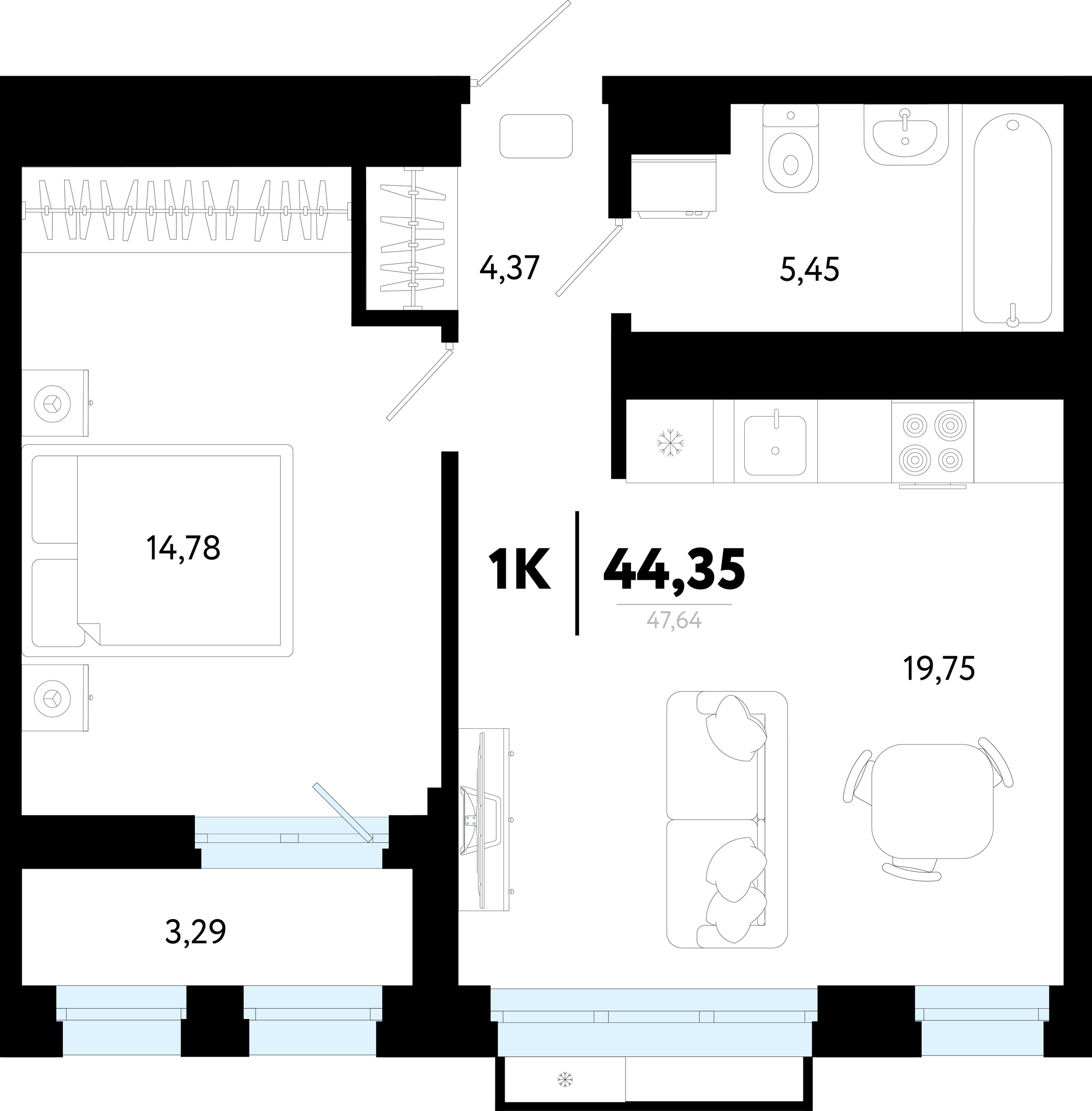 Планировка: Евродвушка 44.4 м² в ЖК Символ, Комарово Парк