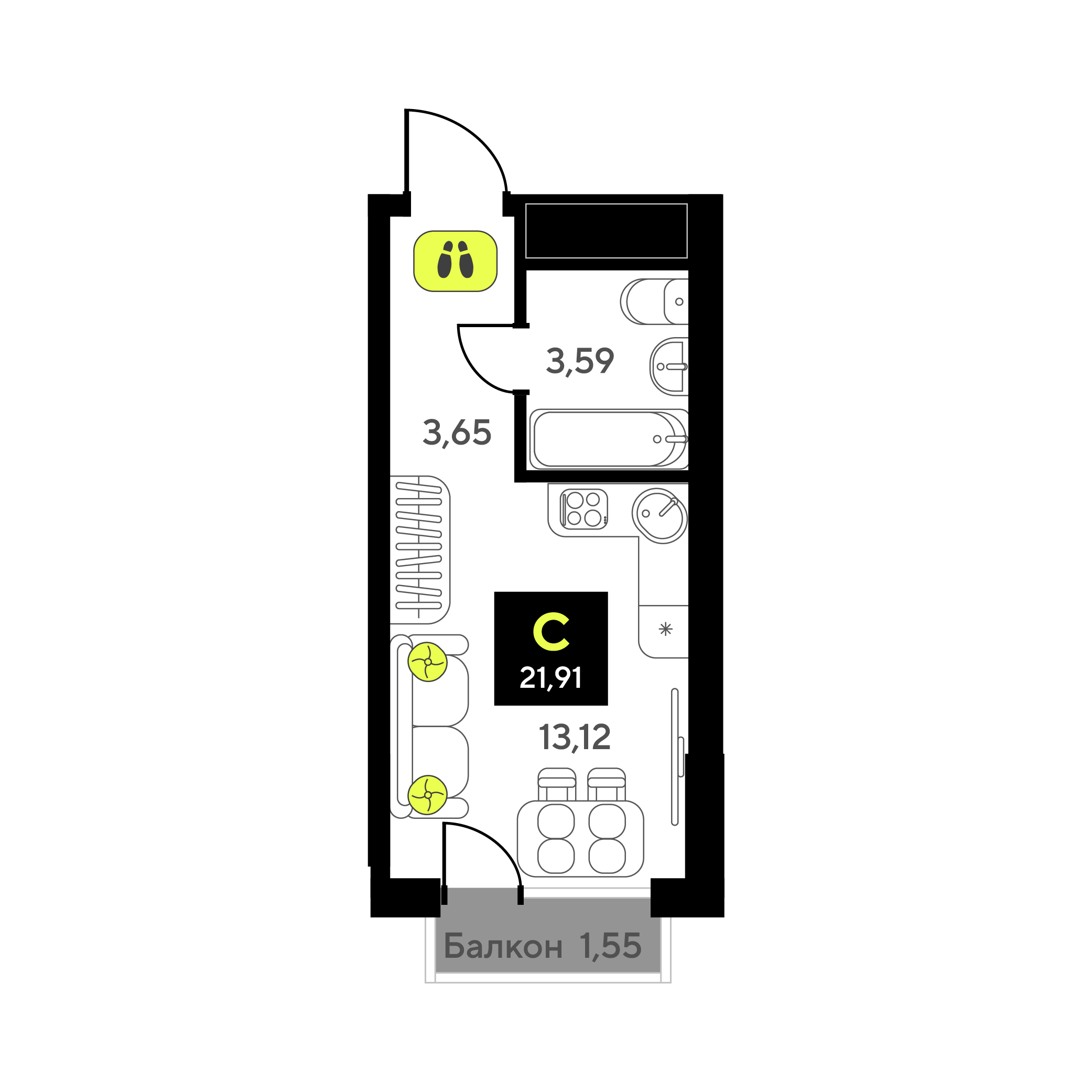 Планировка: Студия 21.9 м² в ЖК Мотивы, От Плеханова до Южного
