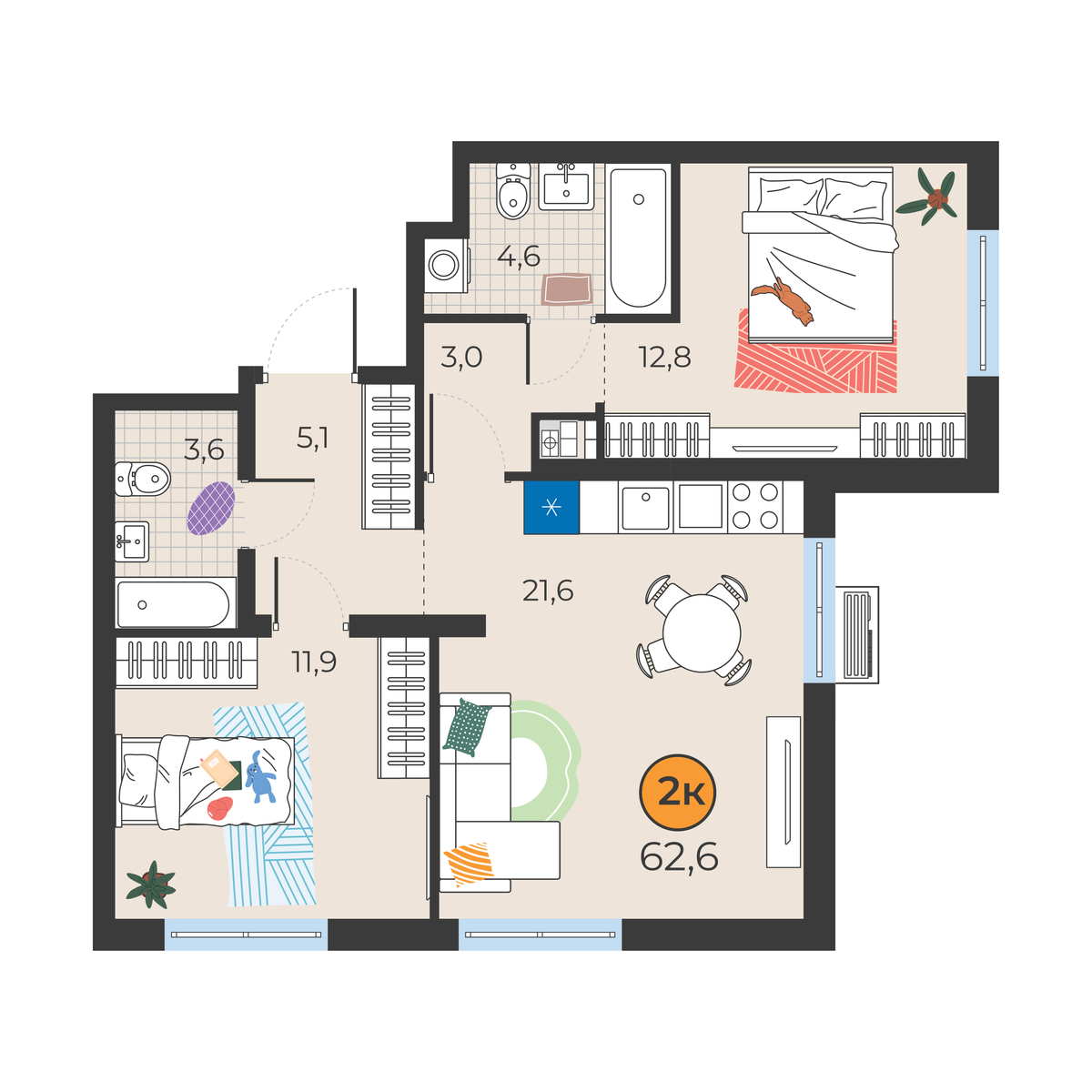 Планировка: Евротрешка 62.6 м² в ЖК Корней, Южный