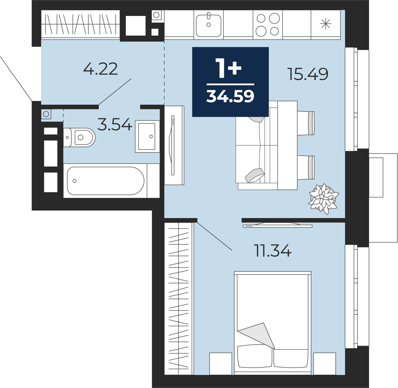 Планировка: Евродвушка 34.6 м² в ЖК Айвазовский, 5-й Заречный