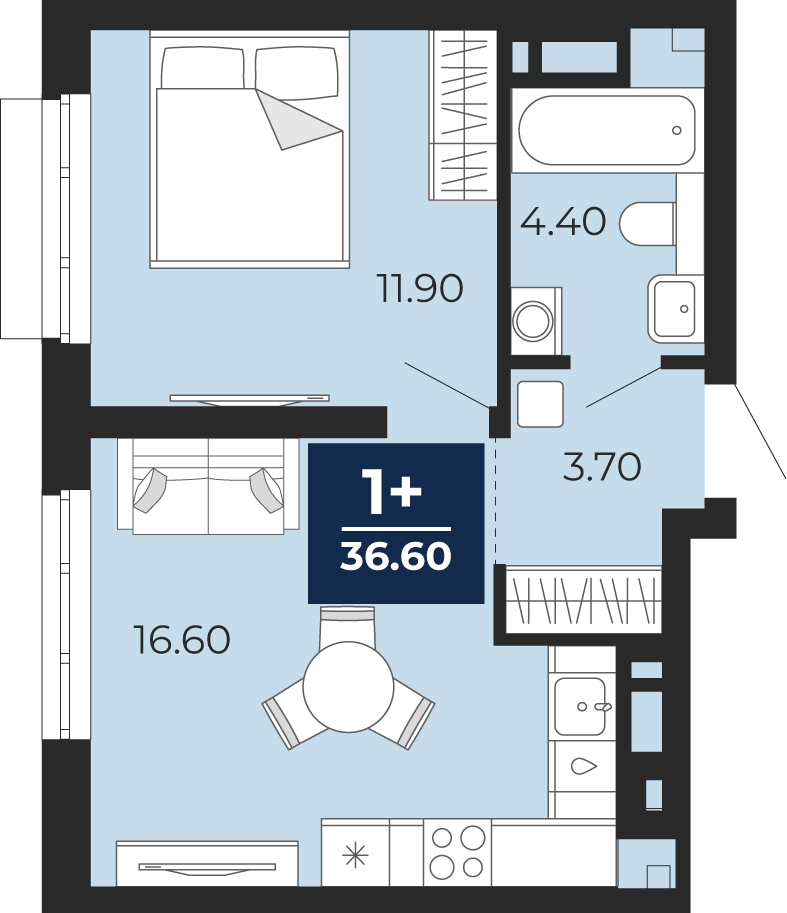 Планировка: Евродвушка 36.6 м² в ЖК Айвазовский, 5-й Заречный