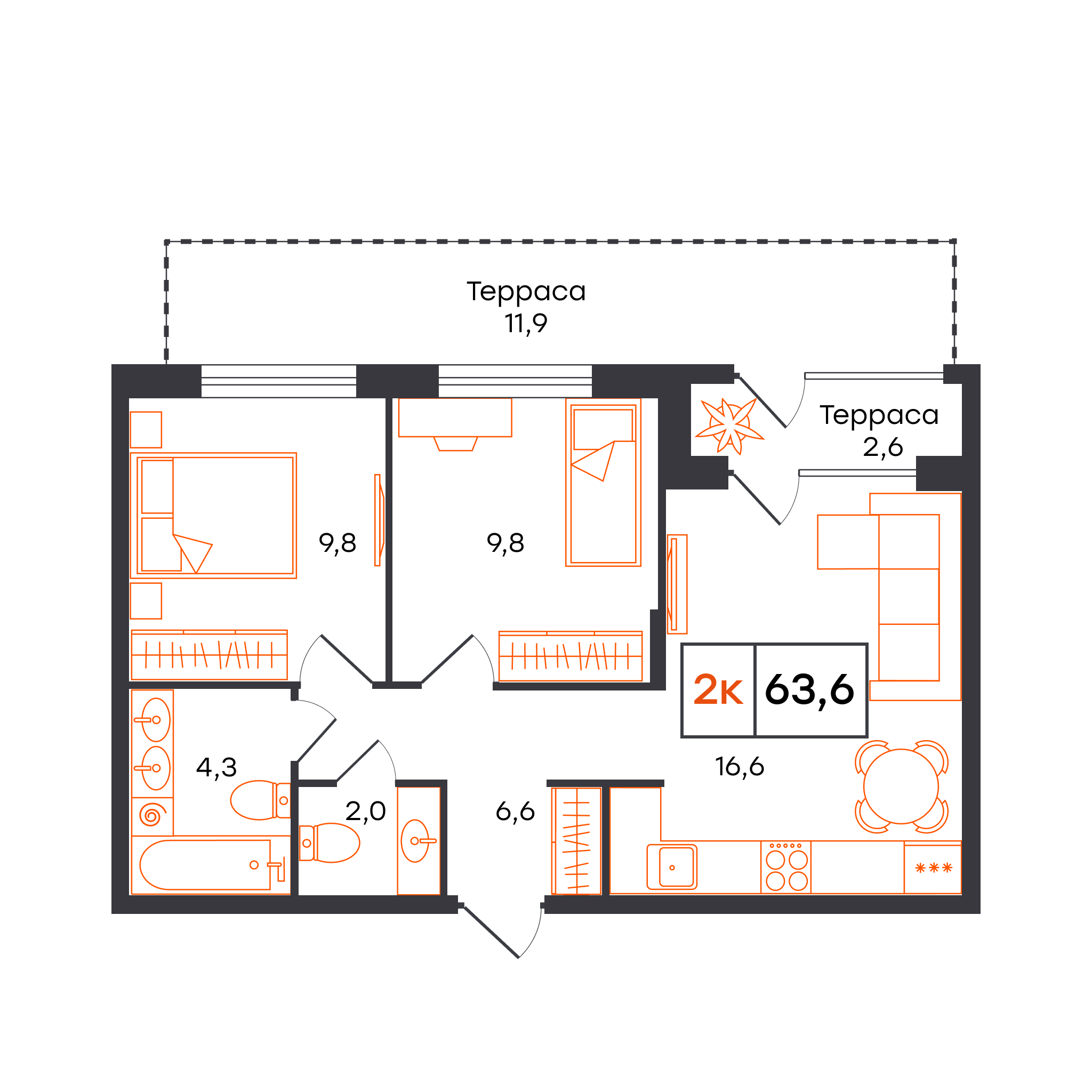 Планировка: Евротрешка 63.6 м² в ЖК Чемпионский, Чемпионский