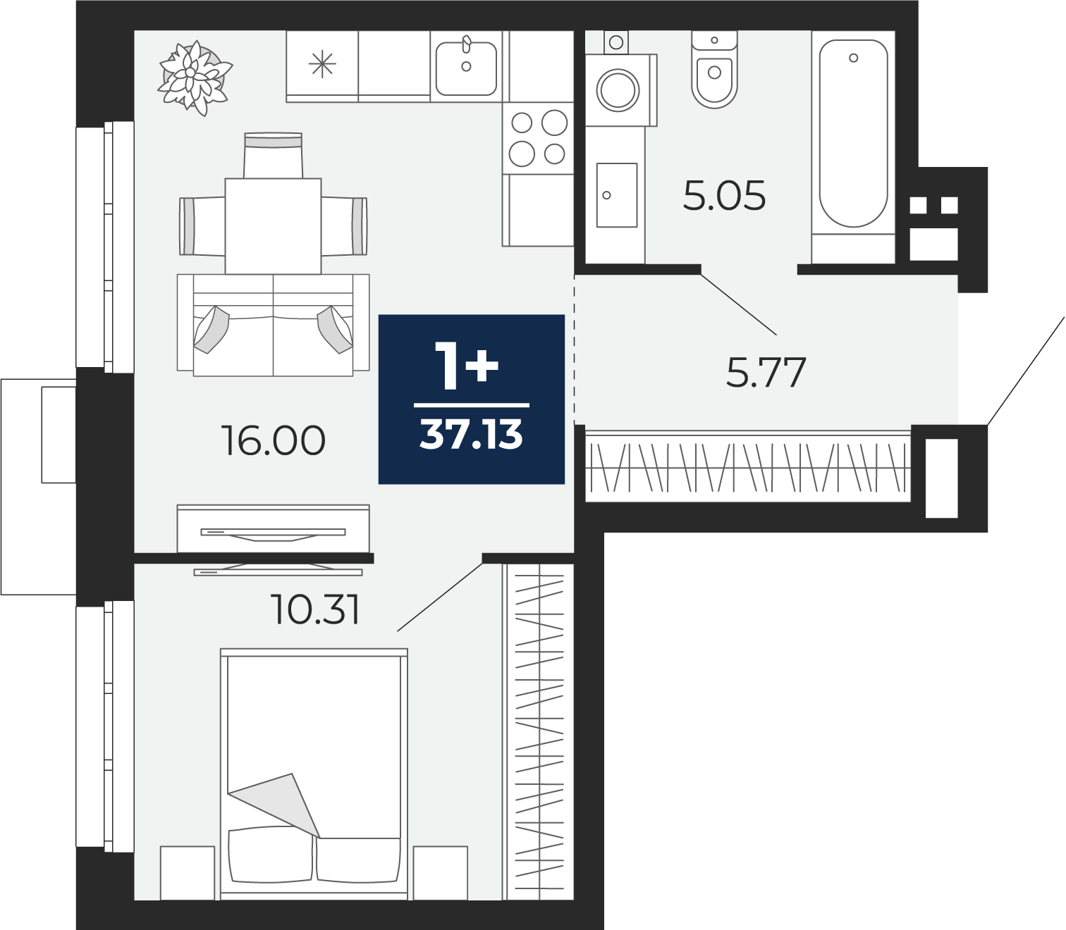 Планировка: Евродвушка 37.1 м² в ЖК Айвазовский, 5-й Заречный