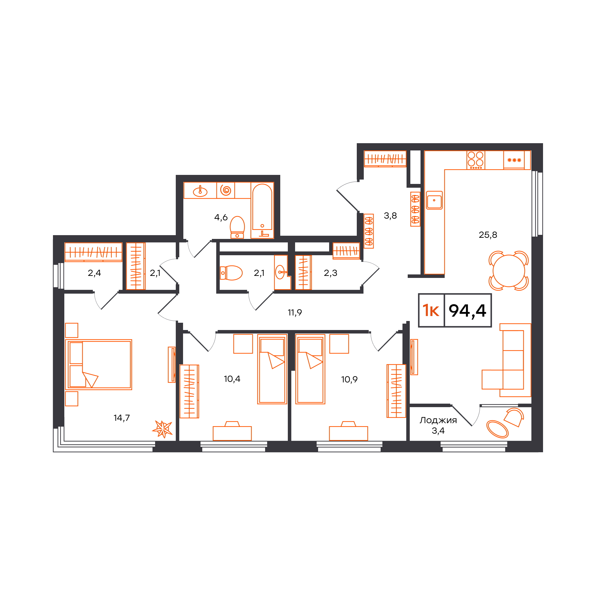 Планировка: 4-комнатная евро 94.4 м² в ЖК Отличие, Комарово Парк