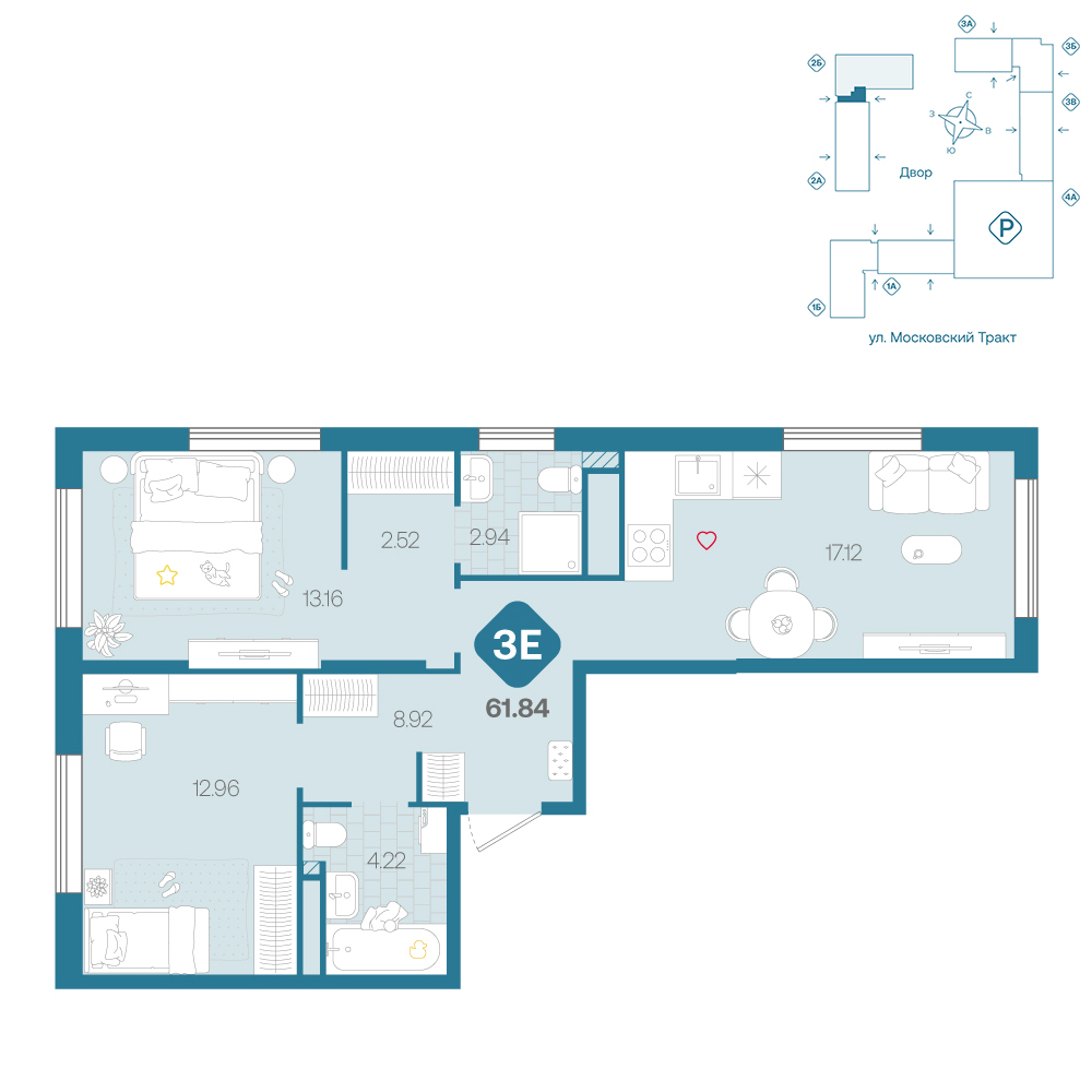 Планировка: Евротрешка 61.8 м² в ЖК Сибирский, Московский тракт