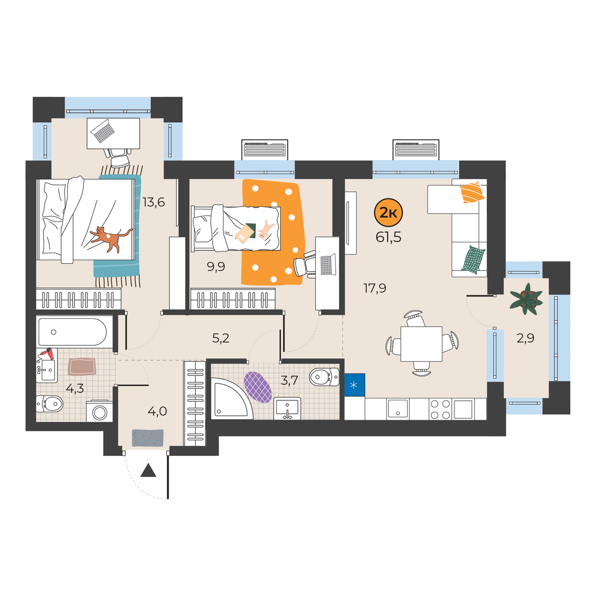 Планировка: Евротрешка 59.5 м² в ЖК Корней, Южный