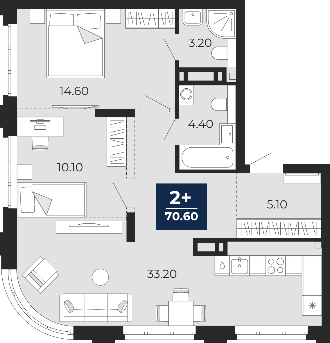 Планировка: Евротрешка 70.6 м² в ЖК Айвазовский, 5-й Заречный