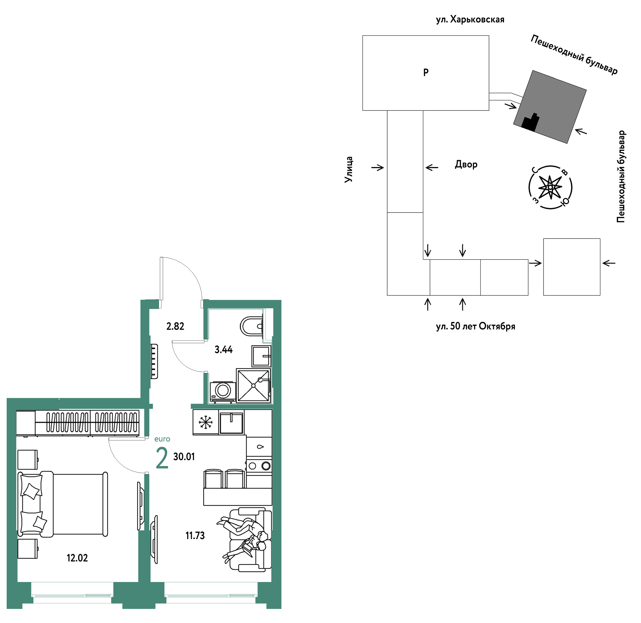 Планировка: 1-комнатная 30 м² в ЖК Сердце Сибири, Центр: КПД