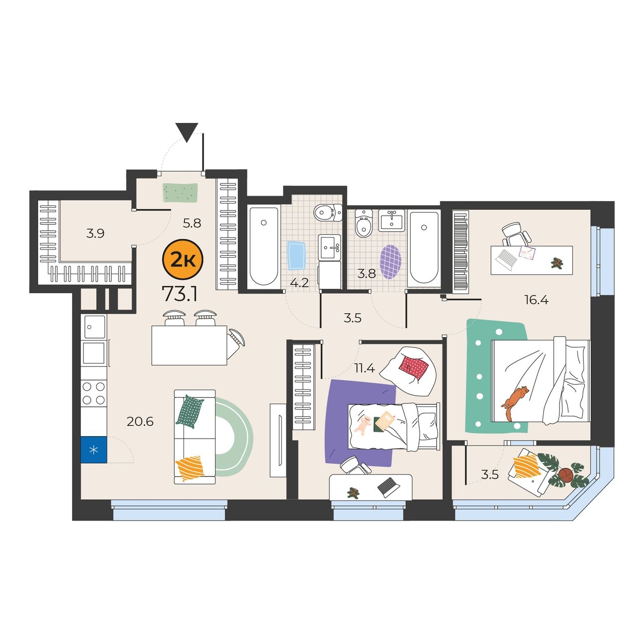 Планировка: Евротрешка 73.1 м² в ЖК Корней, Южный