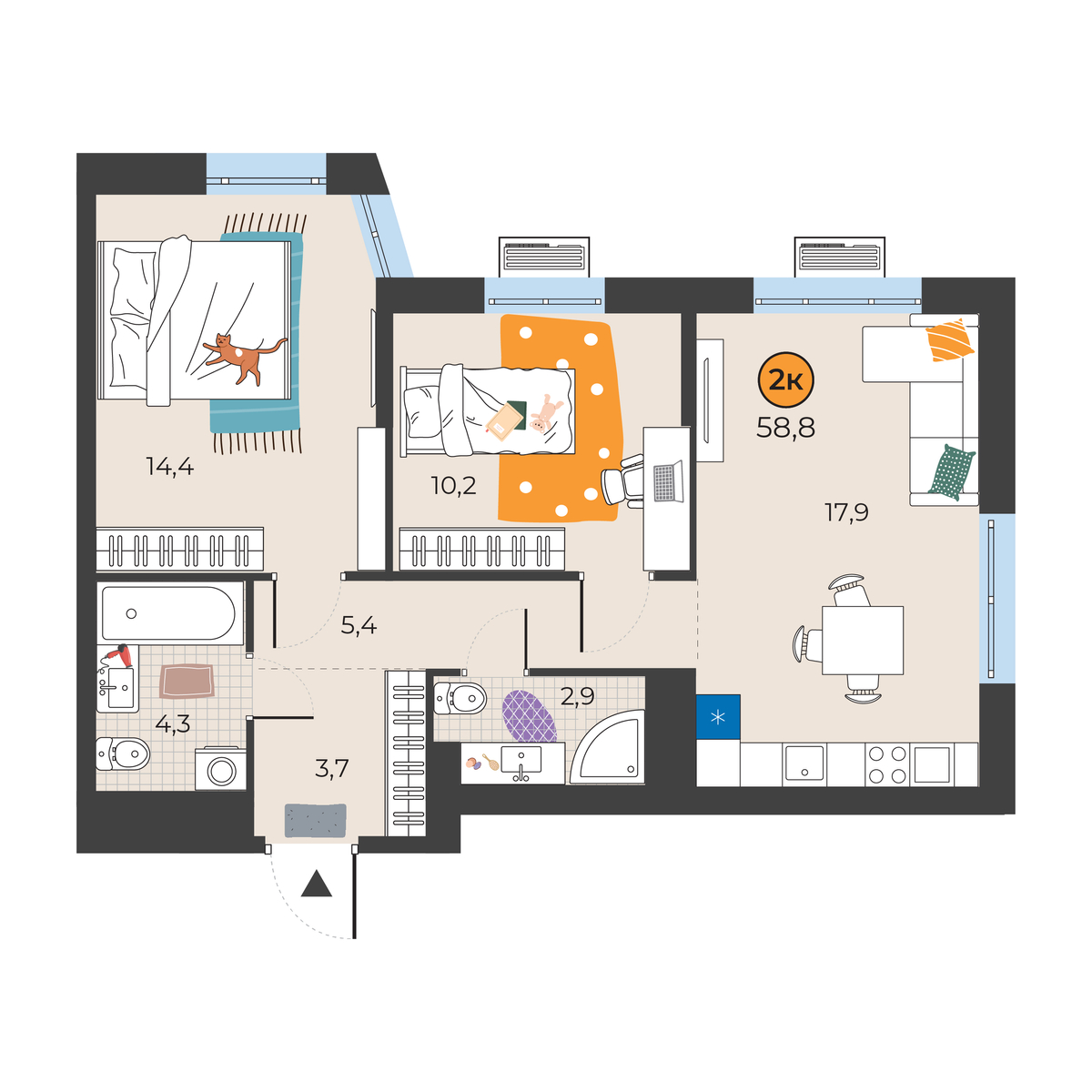 Планировка: Евротрешка 58.8 м² в ЖК Корней, Южный
