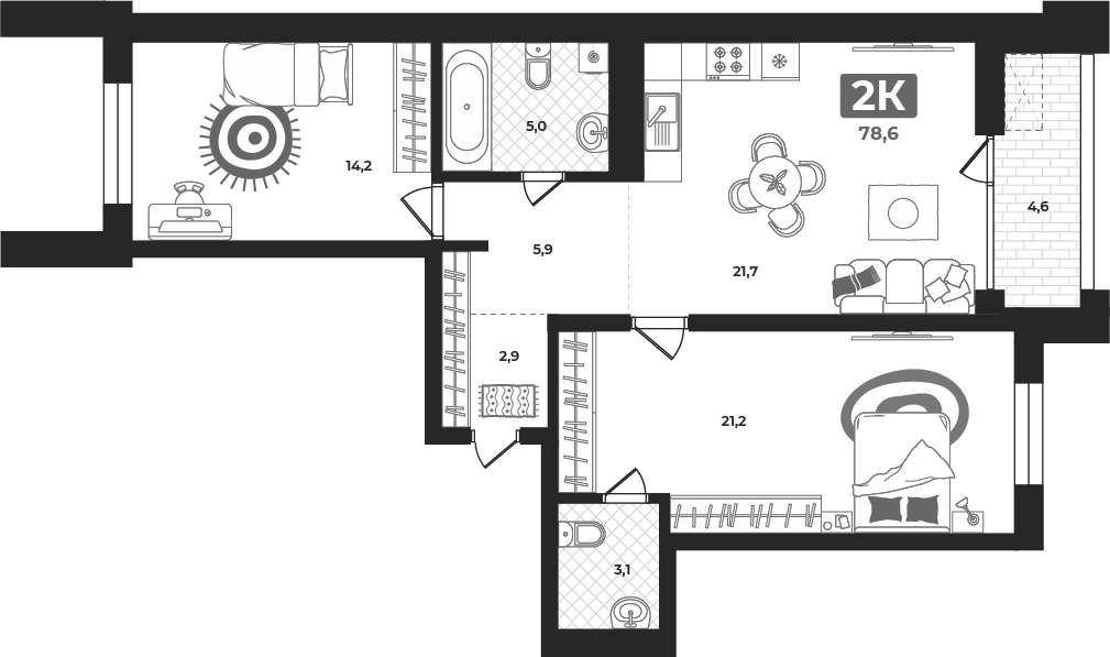 Планировка: Евротрешка 78.2 м² в ЖК Маэстро, 5-й Заречный