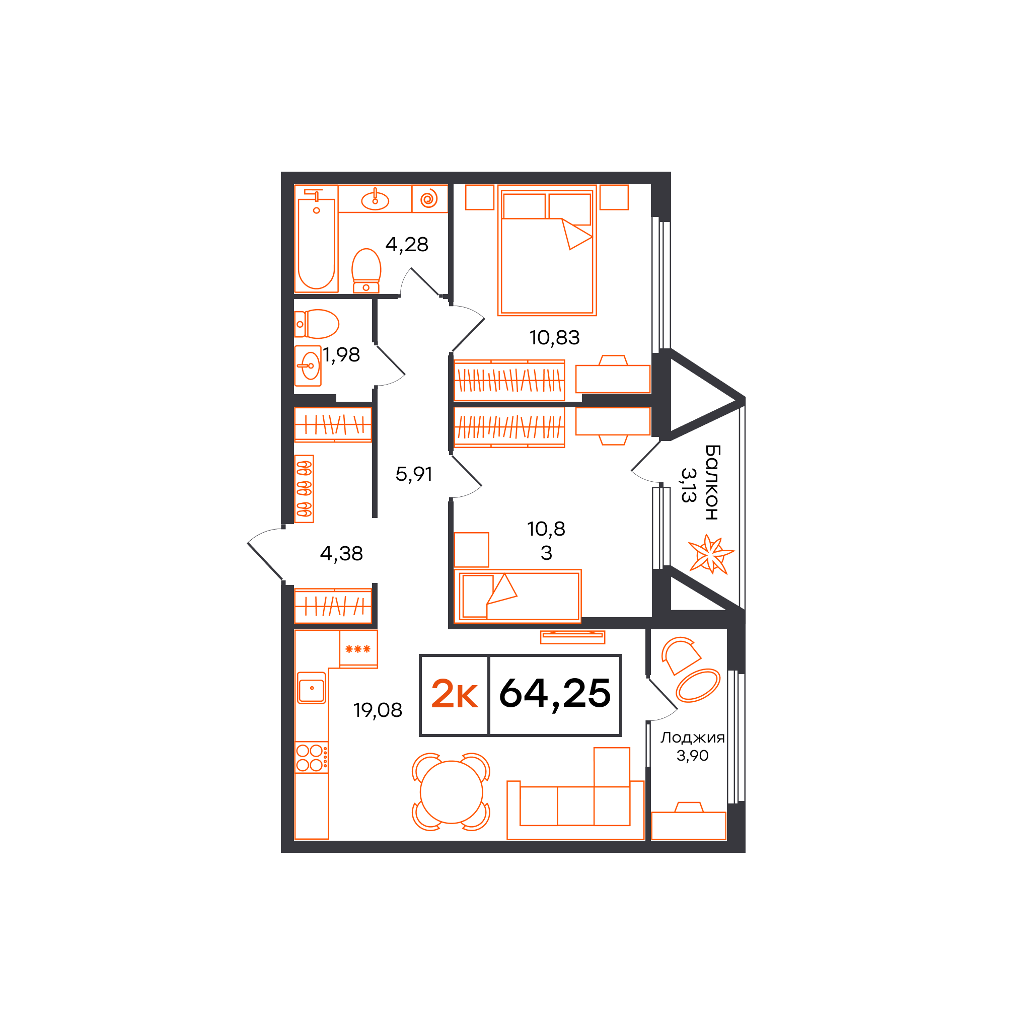 Планировка: Евротрешка 64.2 м² в ЖК Отличие, Комарово Парк