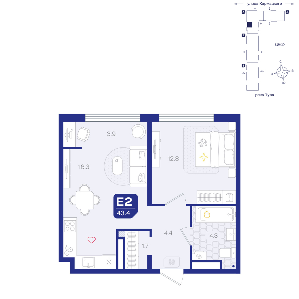 Планировка: Евродвушка 43.4 м² в ЖК Космо, 5-й Заречный