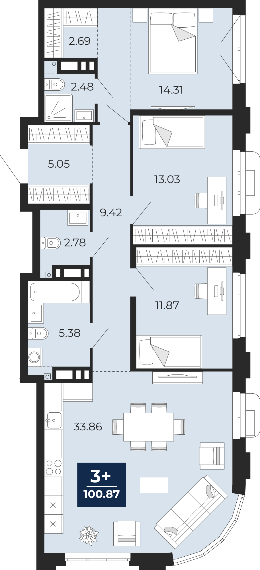 Планировка: 4-комнатная евро 100.9 м² в ЖК Айвазовский, 5-й Заречный