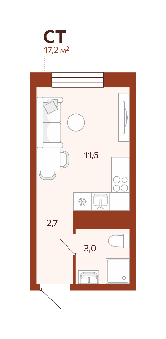Планировка: Студия 17.2 м² в ЖК Новатор, Центр: КПД