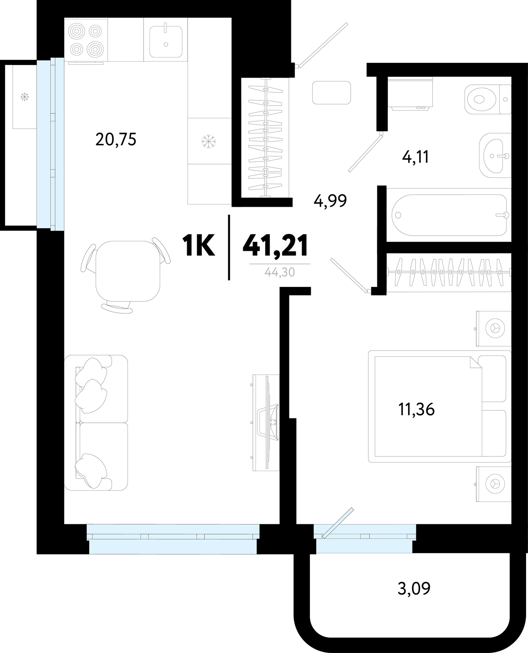 Планировка: Евродвушка 41.2 м² в ЖК Символ, Комарово Парк