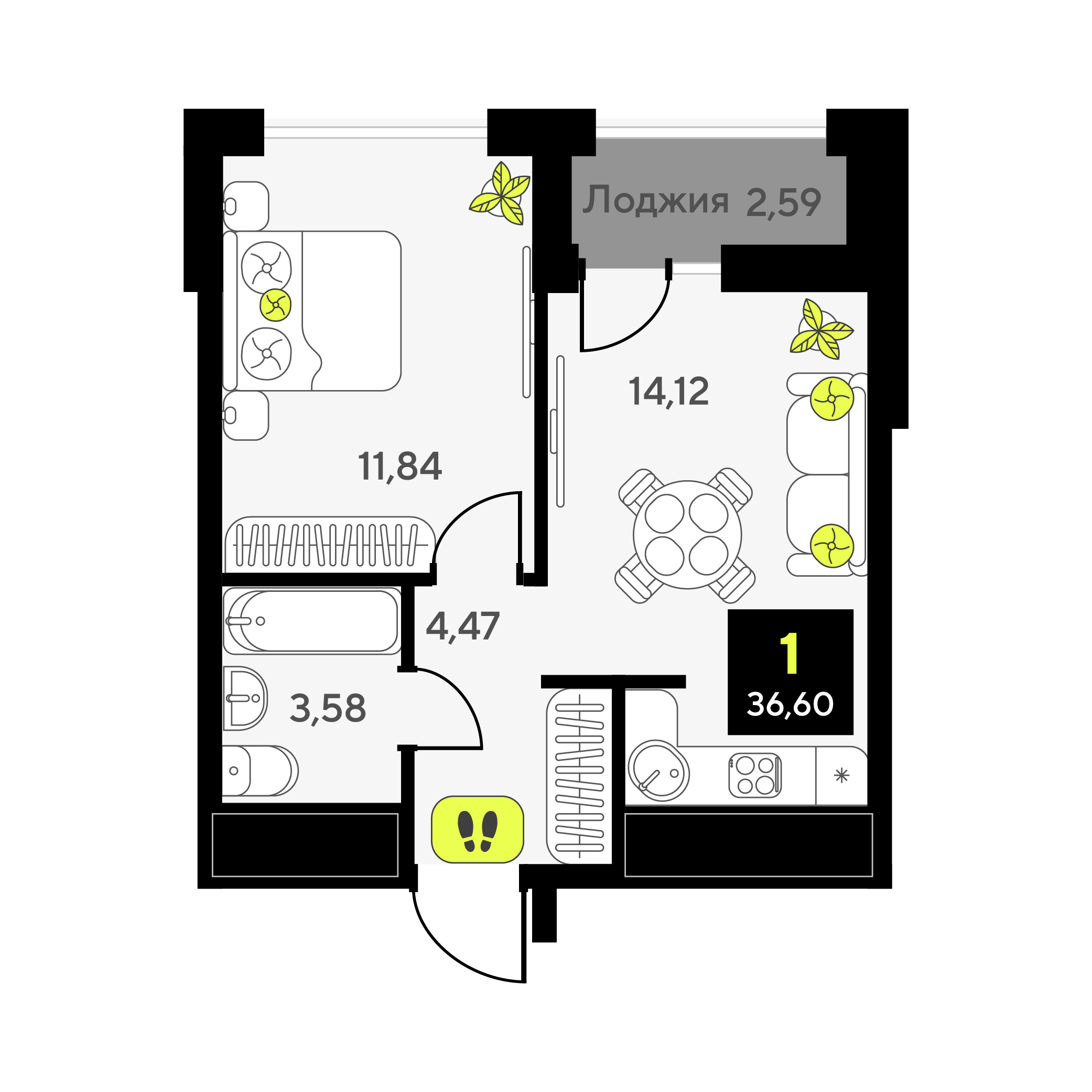 Планировка: Евродвушка 36.6 м² в ЖК Мотивы, От Плеханова до Южного