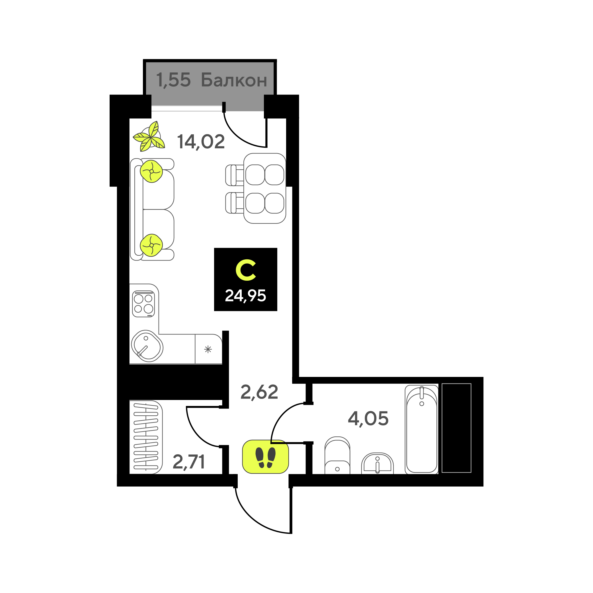 Планировка: Студия 24.9 м² в ЖК Мотивы, От Плеханова до Южного