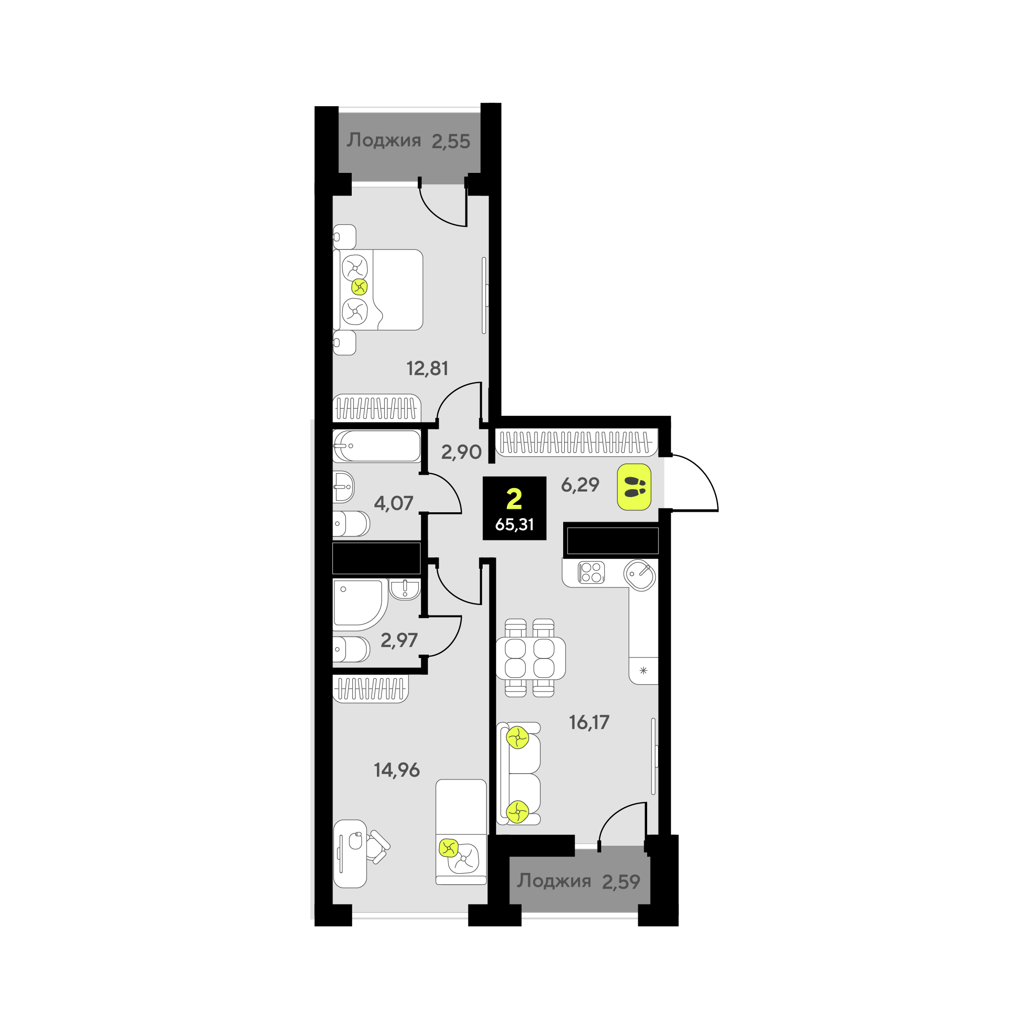 Планировка: Евротрешка 65.3 м² в ЖК Мотивы, От Плеханова до Южного