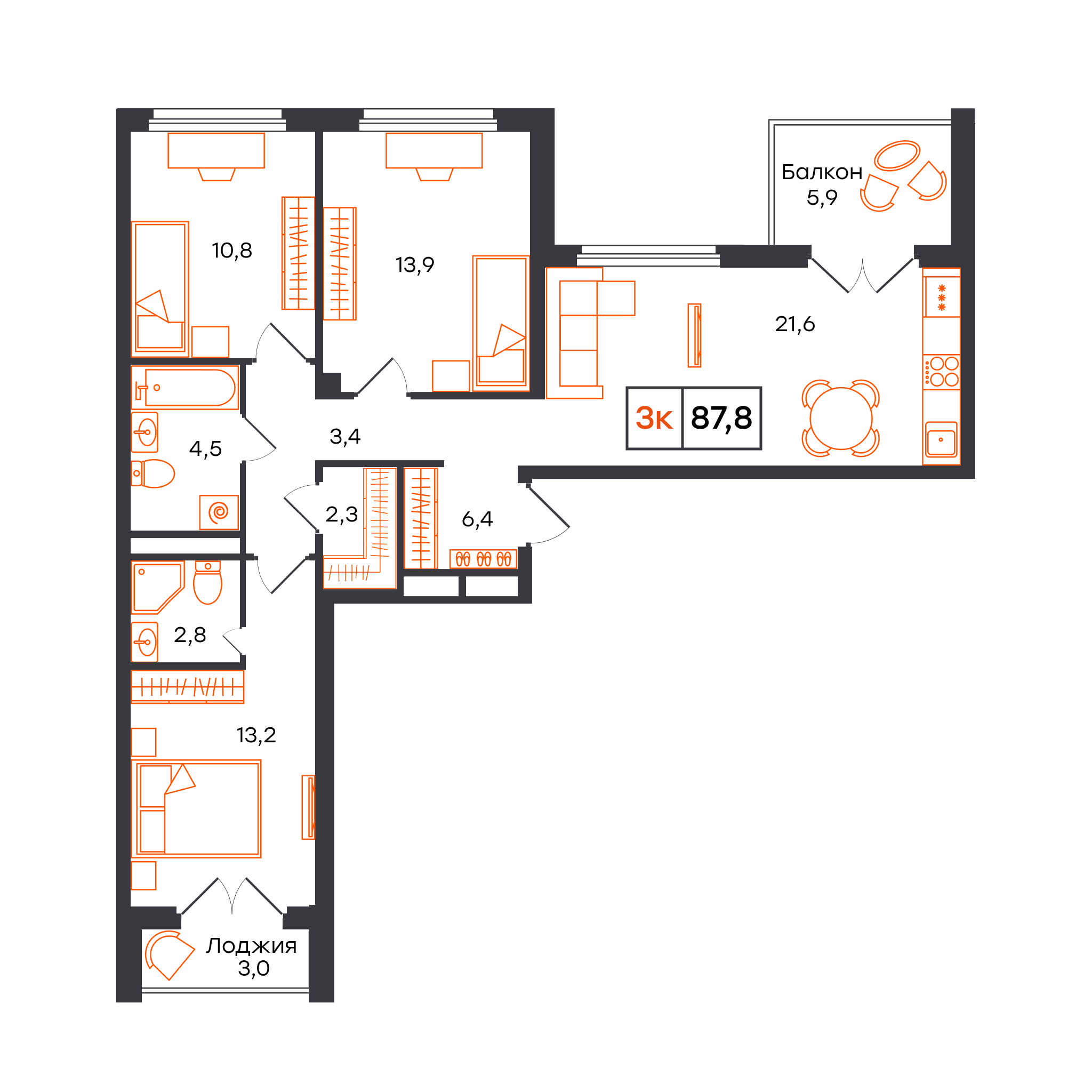 Планировка: 4-комнатная евро 87.8 м² в ЖК Отличие, Комарово Парк