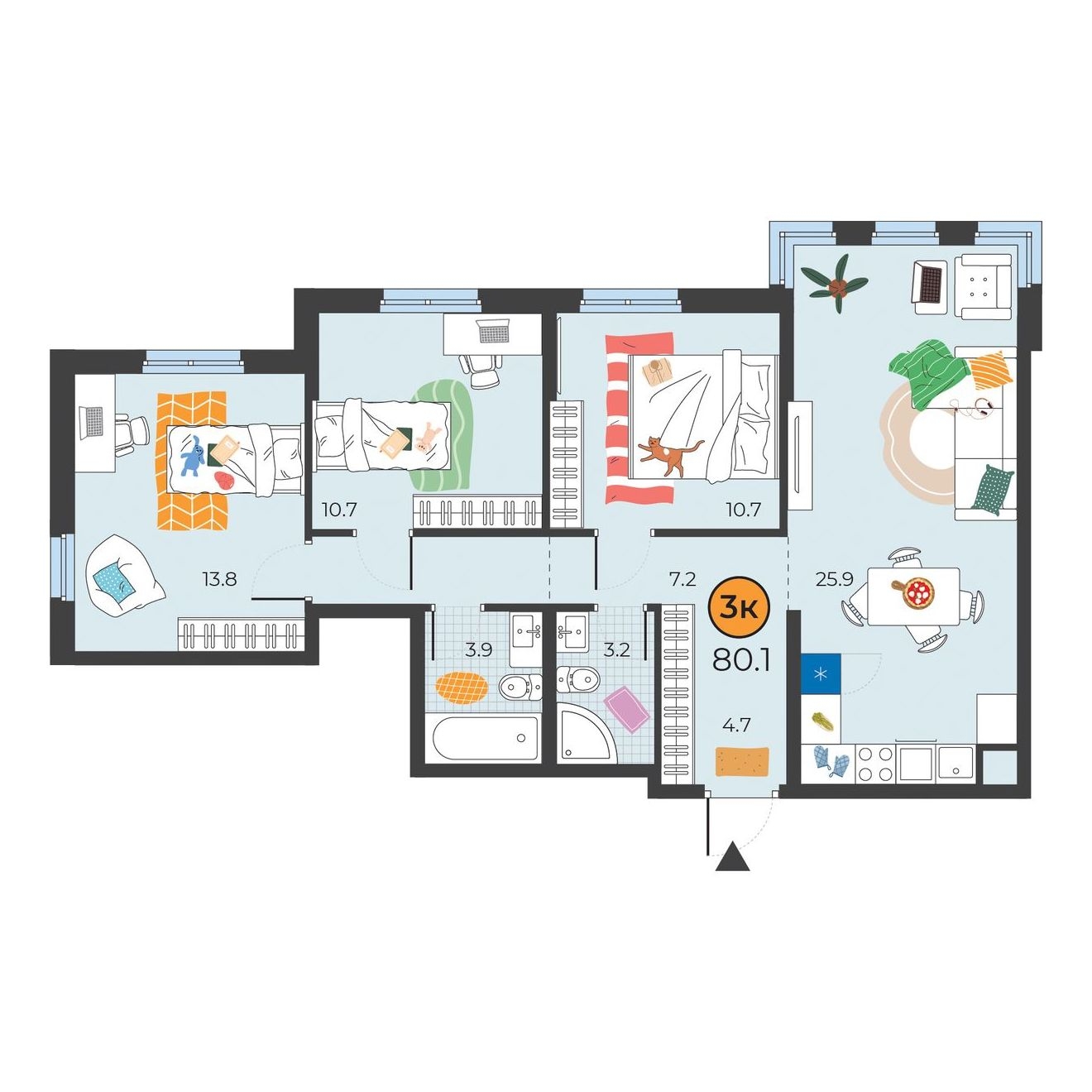 Планировка: 4-комнатная евро 80.1 м² в ЖК Корней, Южный