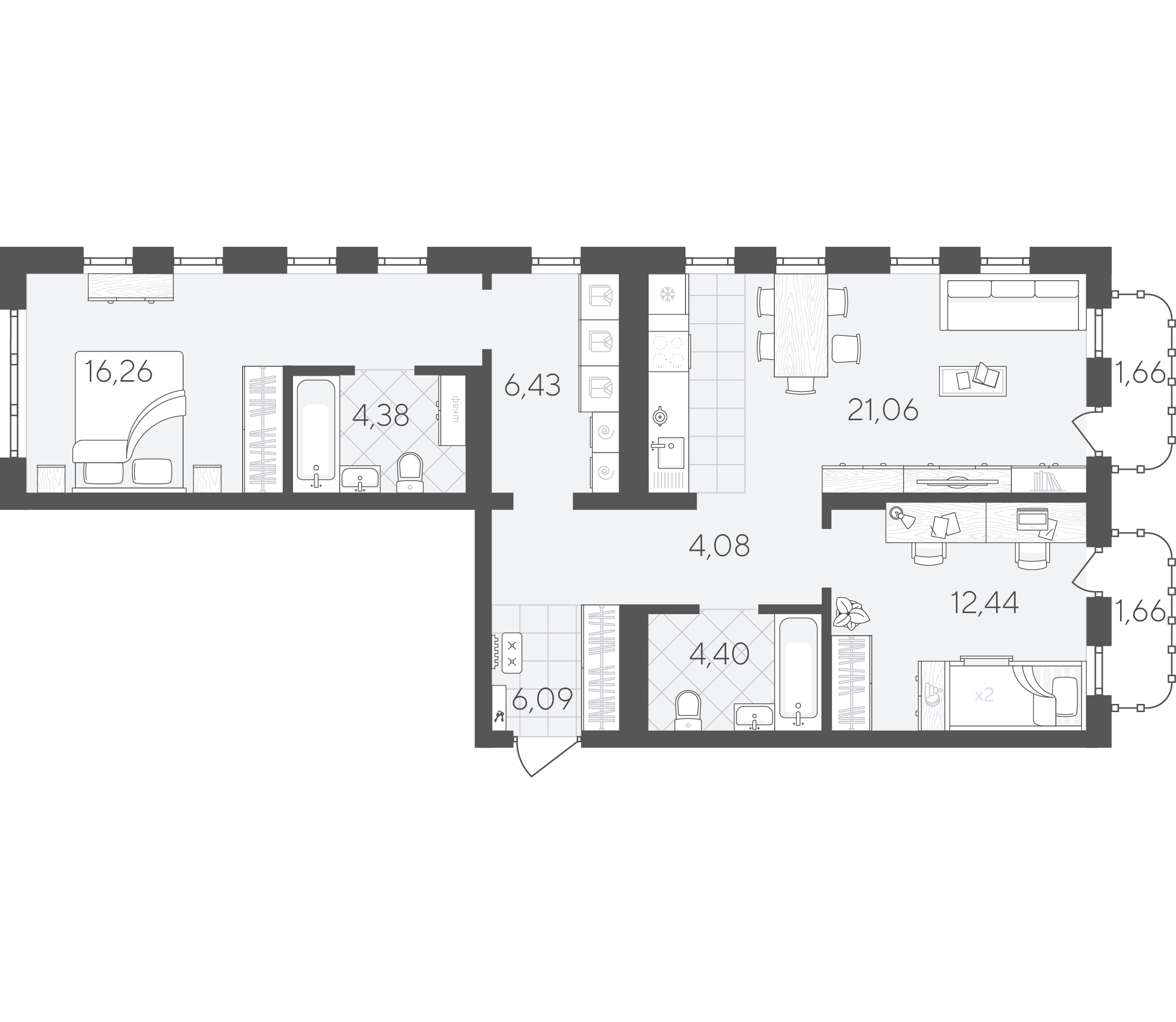Планировка: Евротрешка 78.5 м² в ЖК Скандиа. Квартал в Слободе, Тюменская слобода