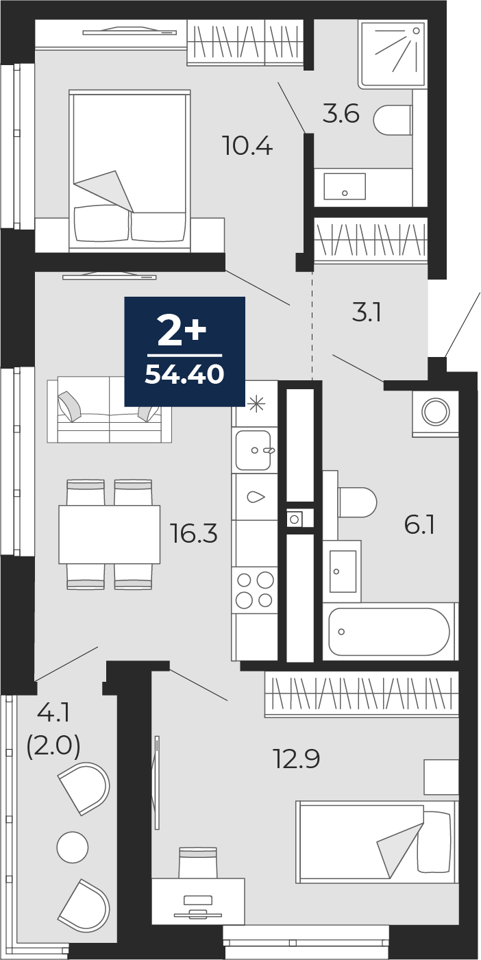 Планировка: Евротрешка 52.4 м² в ЖК Мириады, Мыс