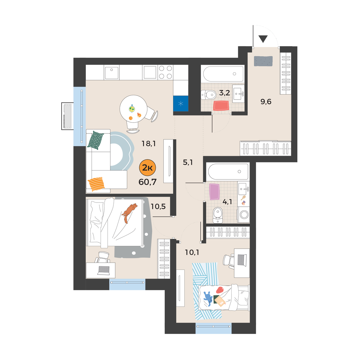 Планировка: Евротрешка 60.7 м² в ЖК Корней, Южный