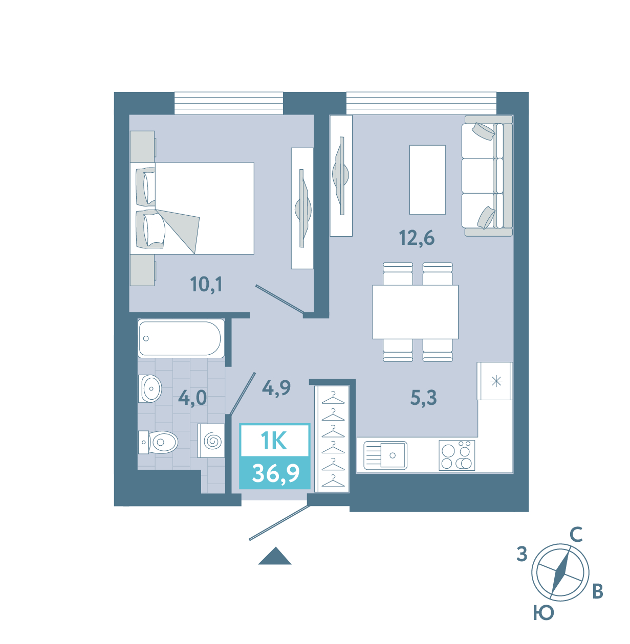 Планировка: Евродвушка 36.9 м² в ЖК AIRIS, Комарово Парк