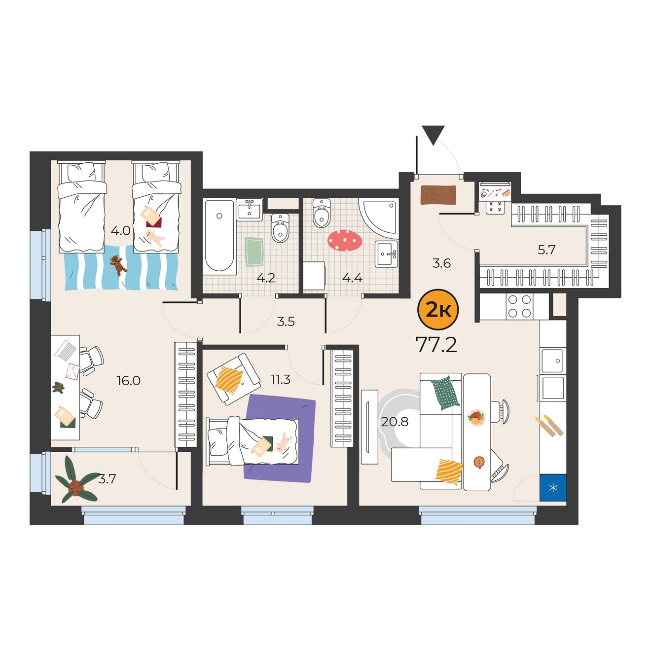 Планировка: Евротрешка 77.2 м² в ЖК Корней, Южный