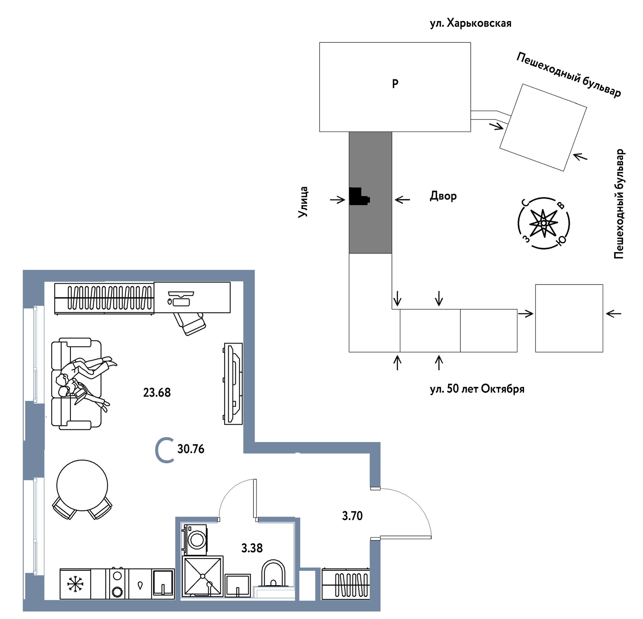 Планировка: Студия 30.8 м² в ЖК Сердце Сибири, Центр: КПД