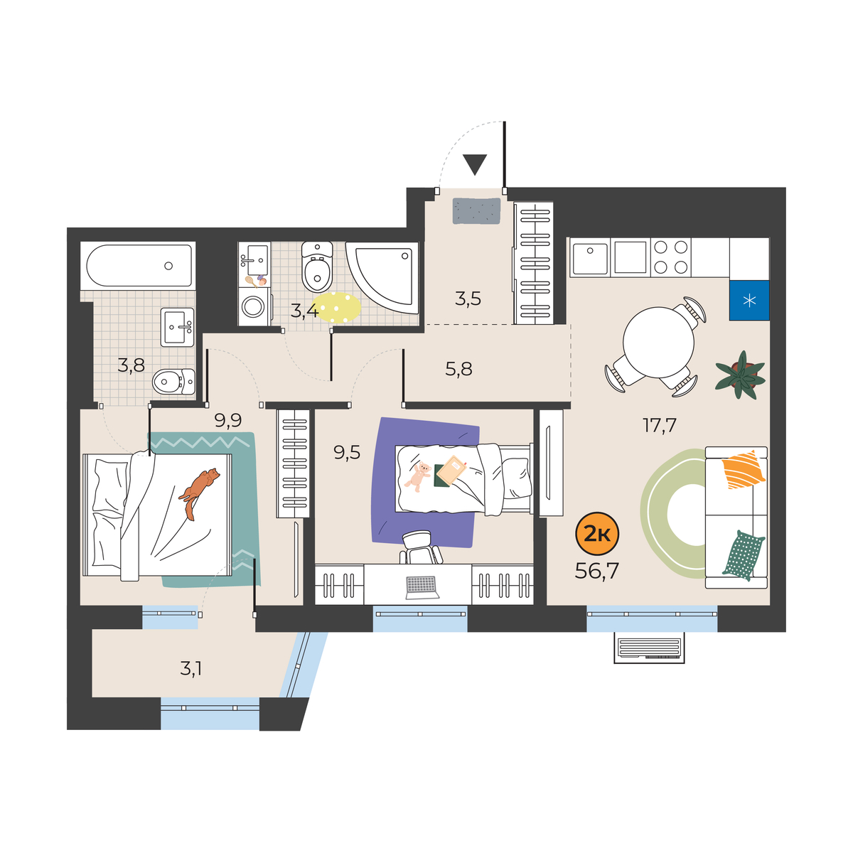 Планировка: Евротрешка 54.5 м² в ЖК Корней, Южный
