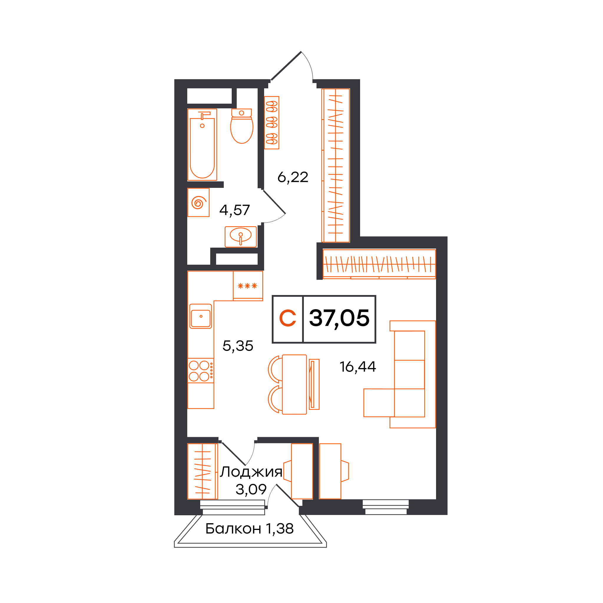 Планировка: Студия 37 м² в ЖК Отличие, Комарово Парк