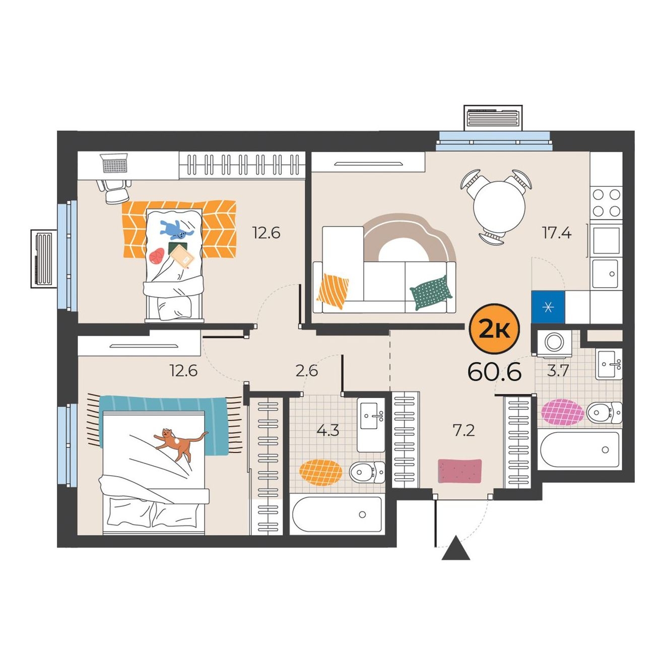 Планировка: Евротрешка 60.4 м² в ЖК Корней, Южный