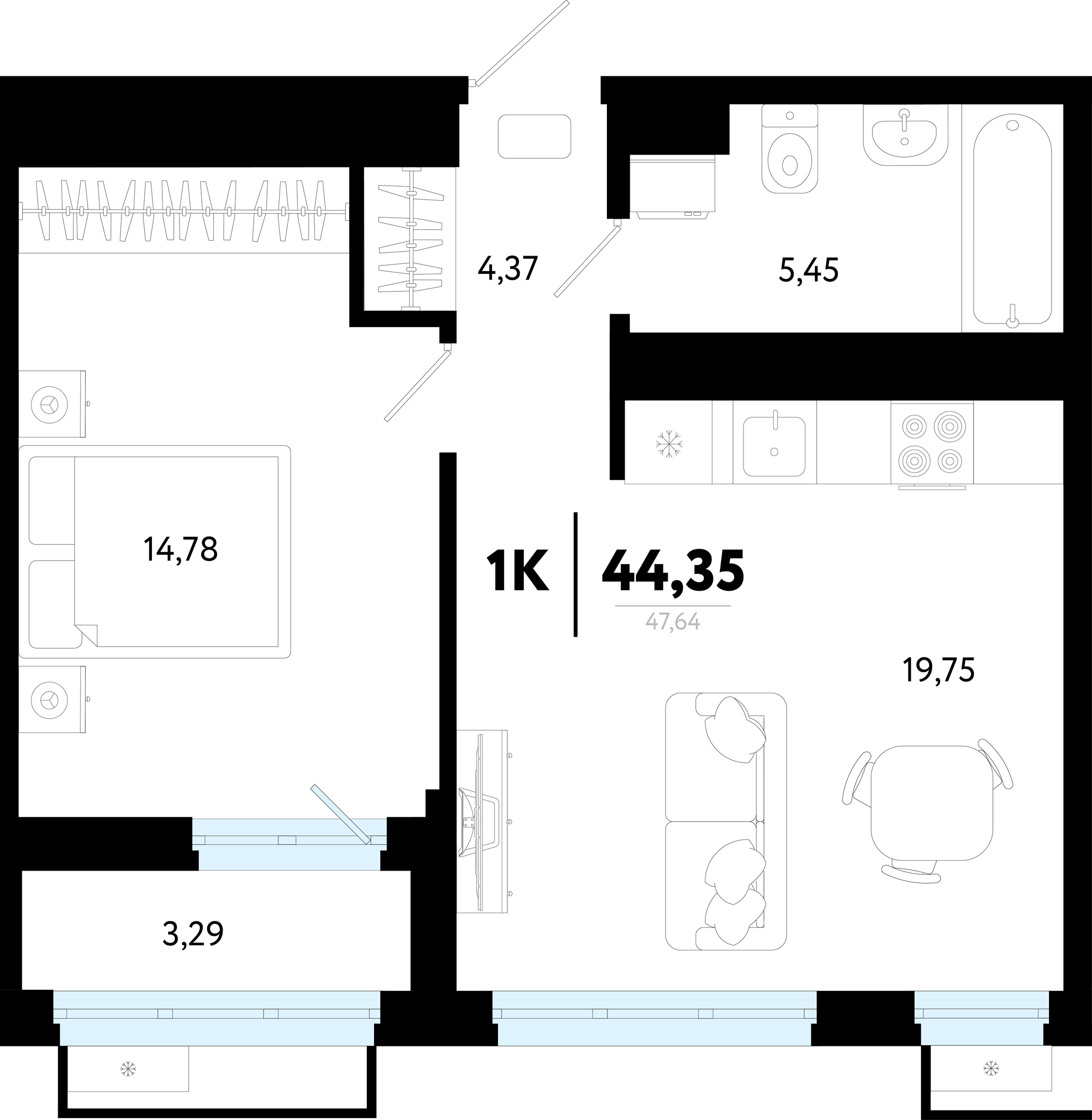 Планировка: Евродвушка 44.4 м² в ЖК Символ, Комарово Парк