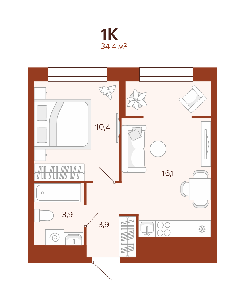Планировка: Евродвушка 34.4 м² в ЖК Новатор, Центр: КПД