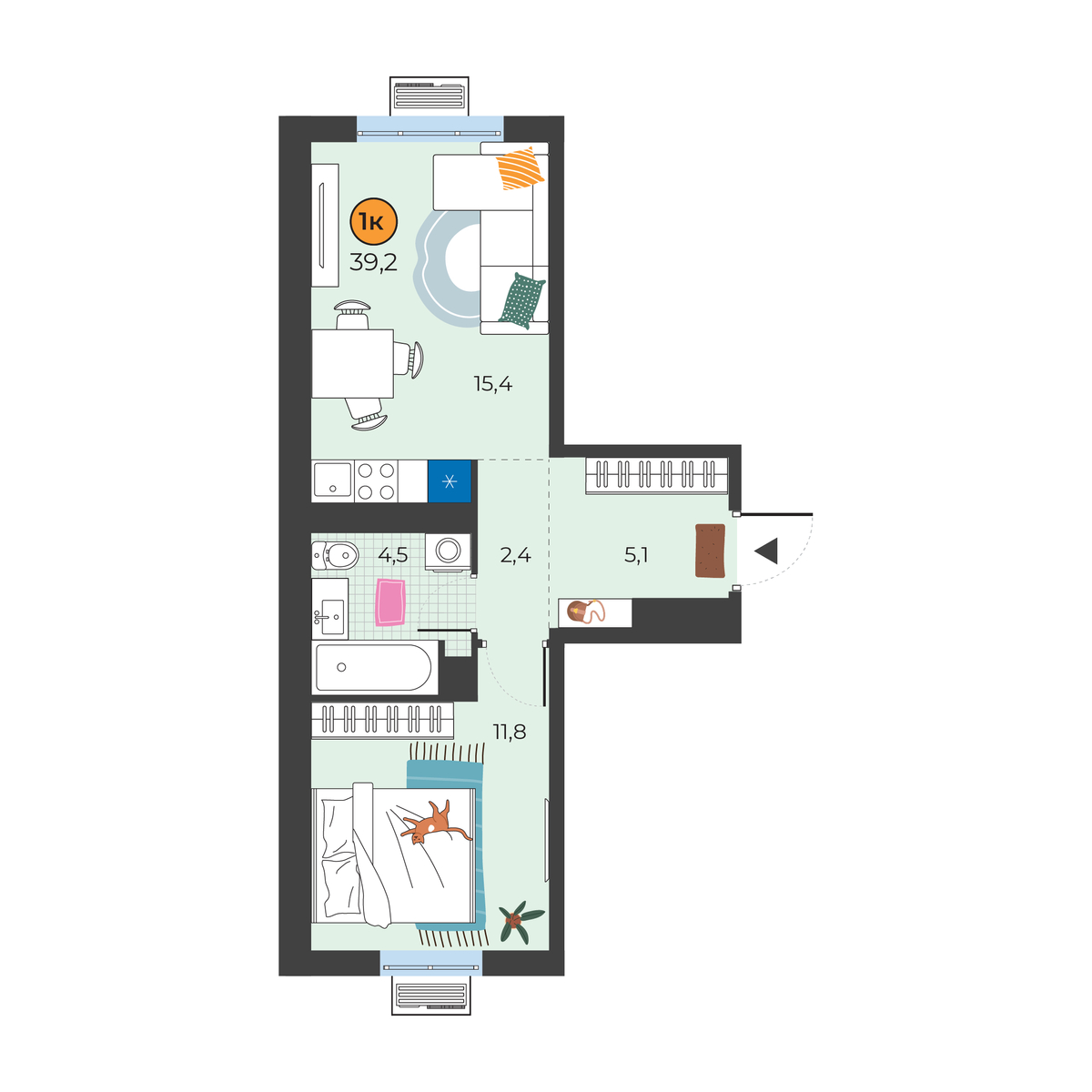 Планировка: Евродвушка 39.2 м² в ЖК Корней, Южный