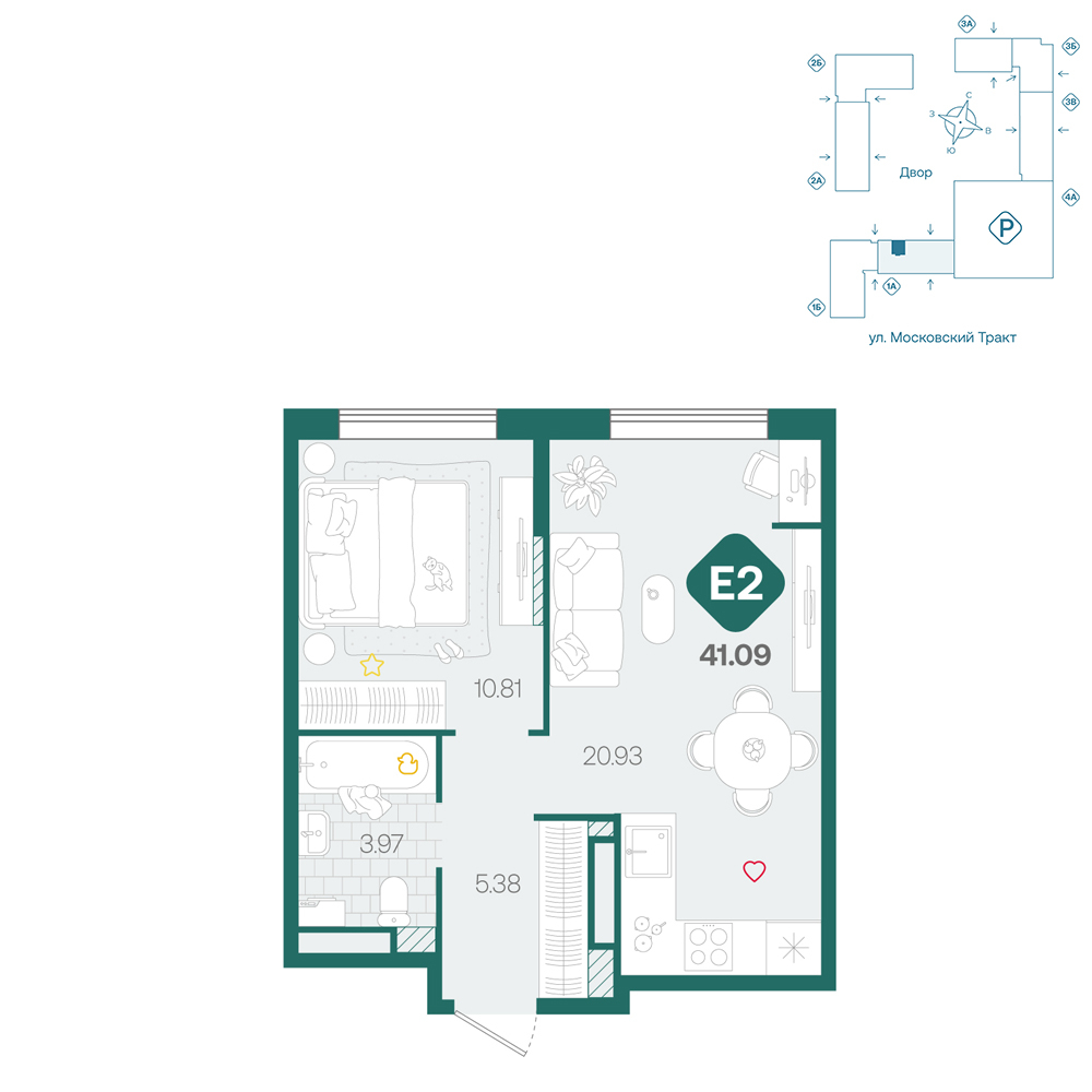 Планировка: Евродвушка 41.1 м² в ЖК Сибирский, Московский тракт