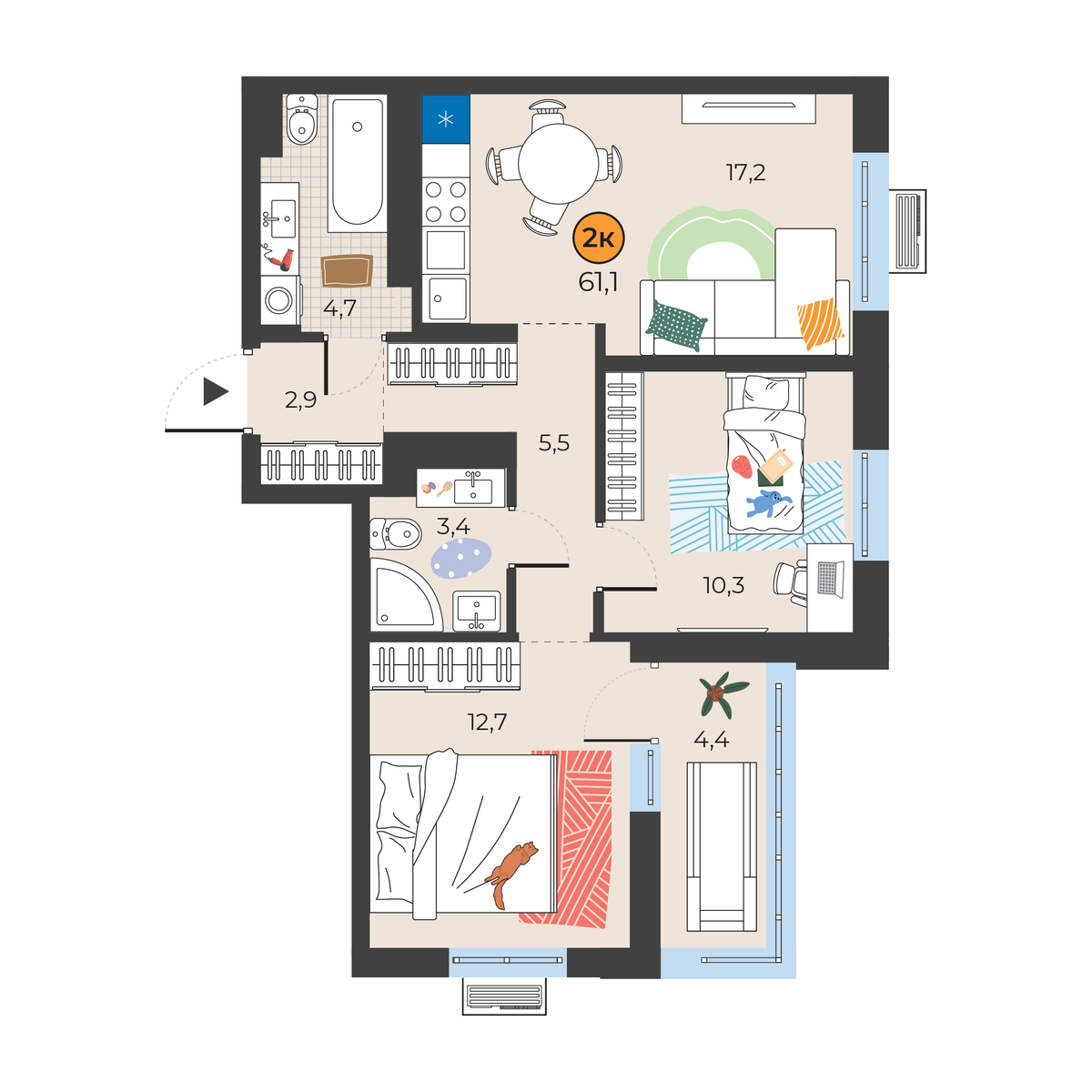 Планировка: Евротрешка 58 м² в ЖК Корней, Южный
