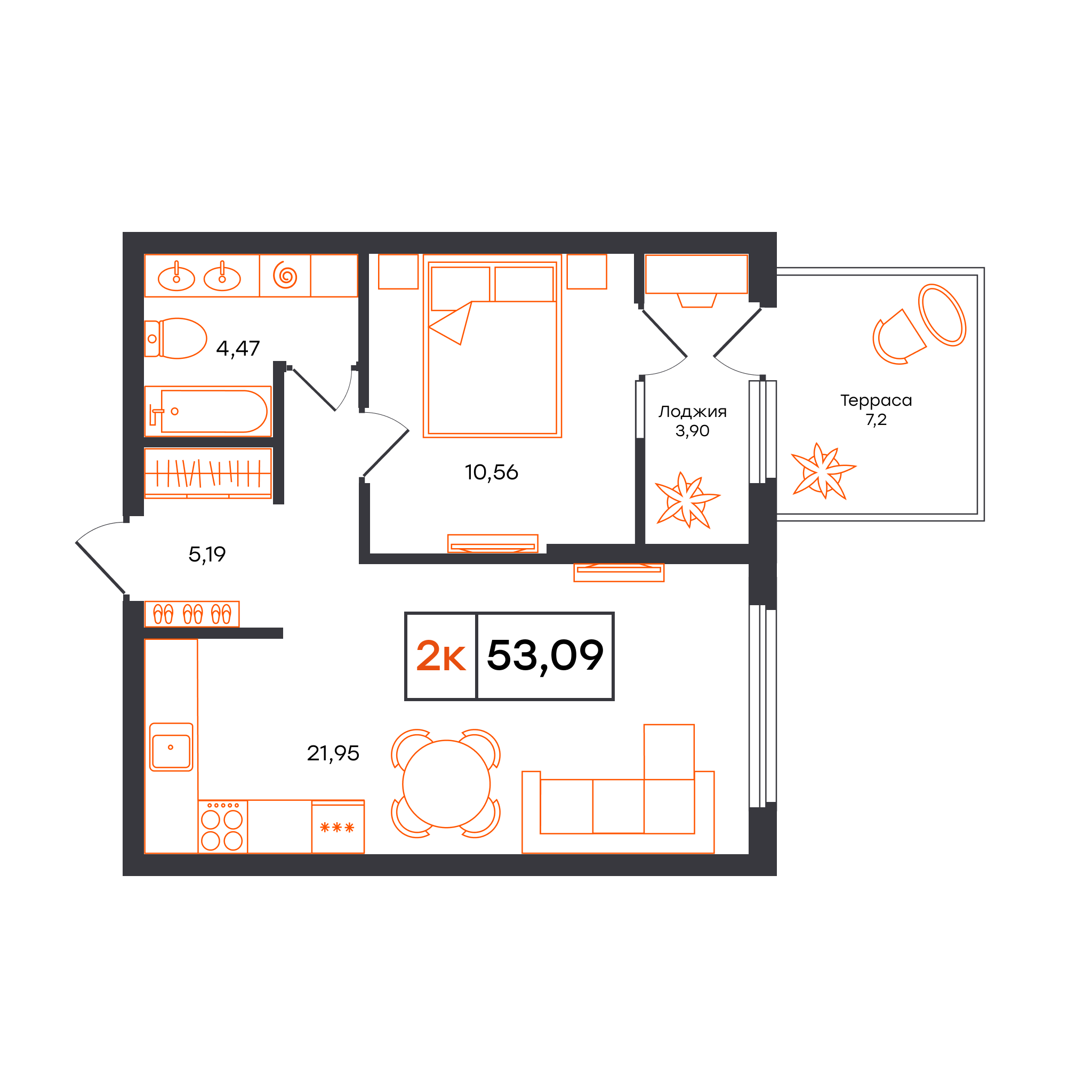 Планировка: Евродвушка 53.1 м² в ЖК Отличие, Комарово Парк