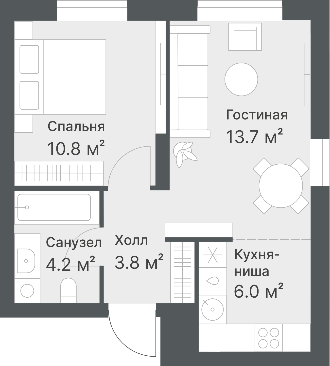 Планировка: Евродвушка 38.5 м² в ЖК Дружеский, Плеханово