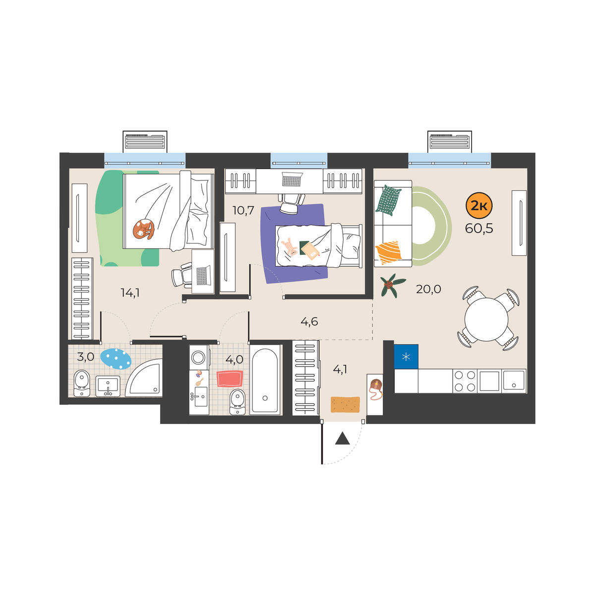 Планировка: Евротрешка 60.5 м² в ЖК Корней, Южный