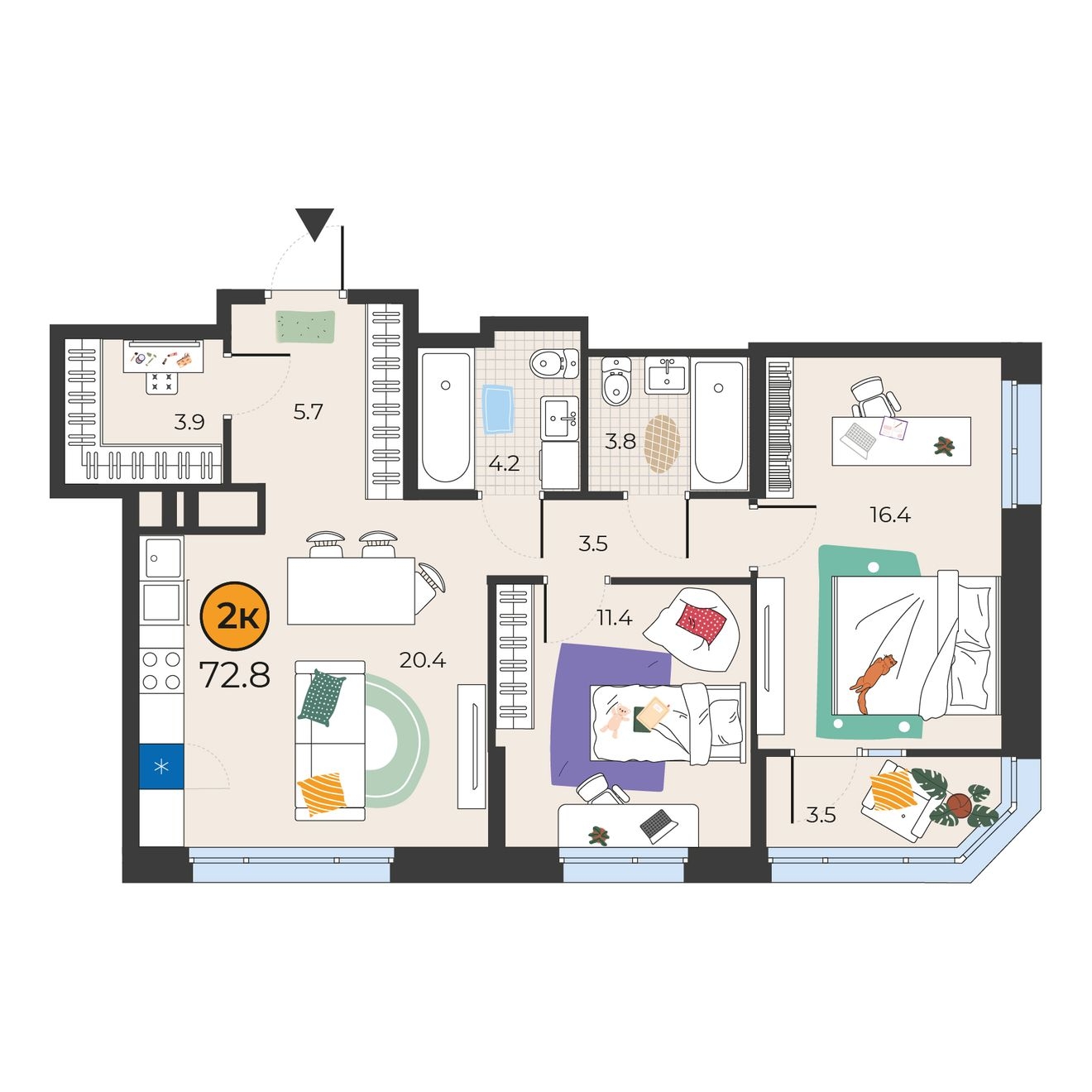 Планировка: Евротрешка 72.8 м² в ЖК Корней, Южный